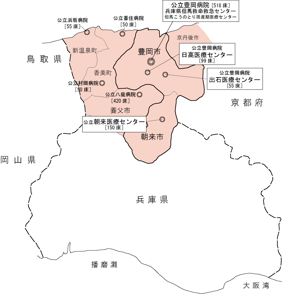 病院組合構成市、組合立５病院の配置、兵庫県での但馬地域の位置